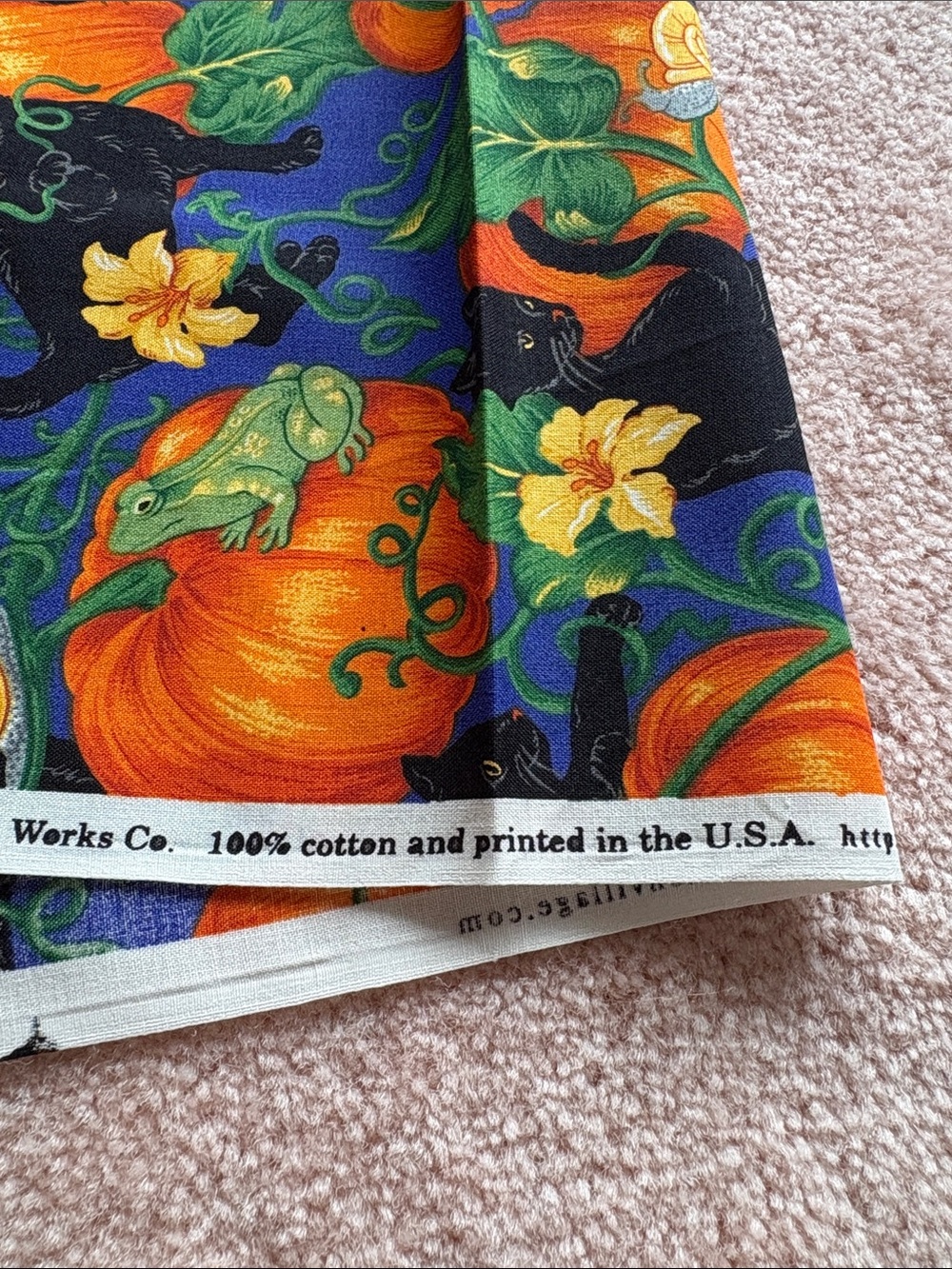 Halloween Black Cats & Pumpkins Cotton Fabric - Vibrant Orange and Green on Blue - Picture 5 of 6